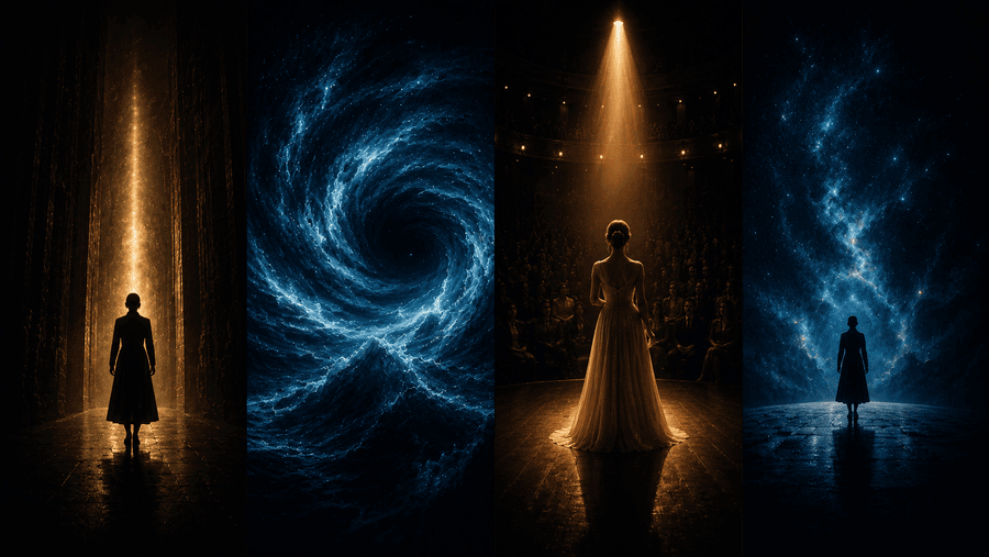 Four cinematic panels - a lit corridor, a swirling blue vortex, a lantern-lit gathering and a starfield - each with a lone silhouetted figure.