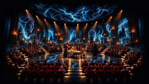 A single shaft of light descending into a dark circular auditorium, with a lone silhouette standing within it.